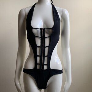 Sauvage Black zipper monokini cut out strappy one piece swimsuit